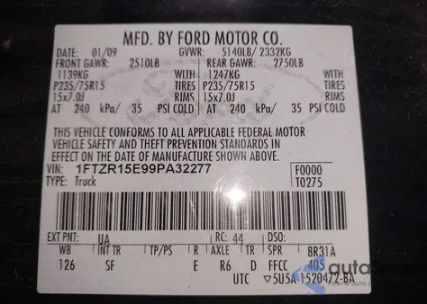 2009 Ford Ranger Fx4 Off-Road/Sport/Xl/Xlt из США, поврежденный, VIN 1FTZR15E99PA32277